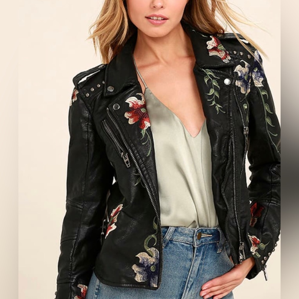 NWOT Blank NYC Black Embroidered Vegan Leather Moto Jacket